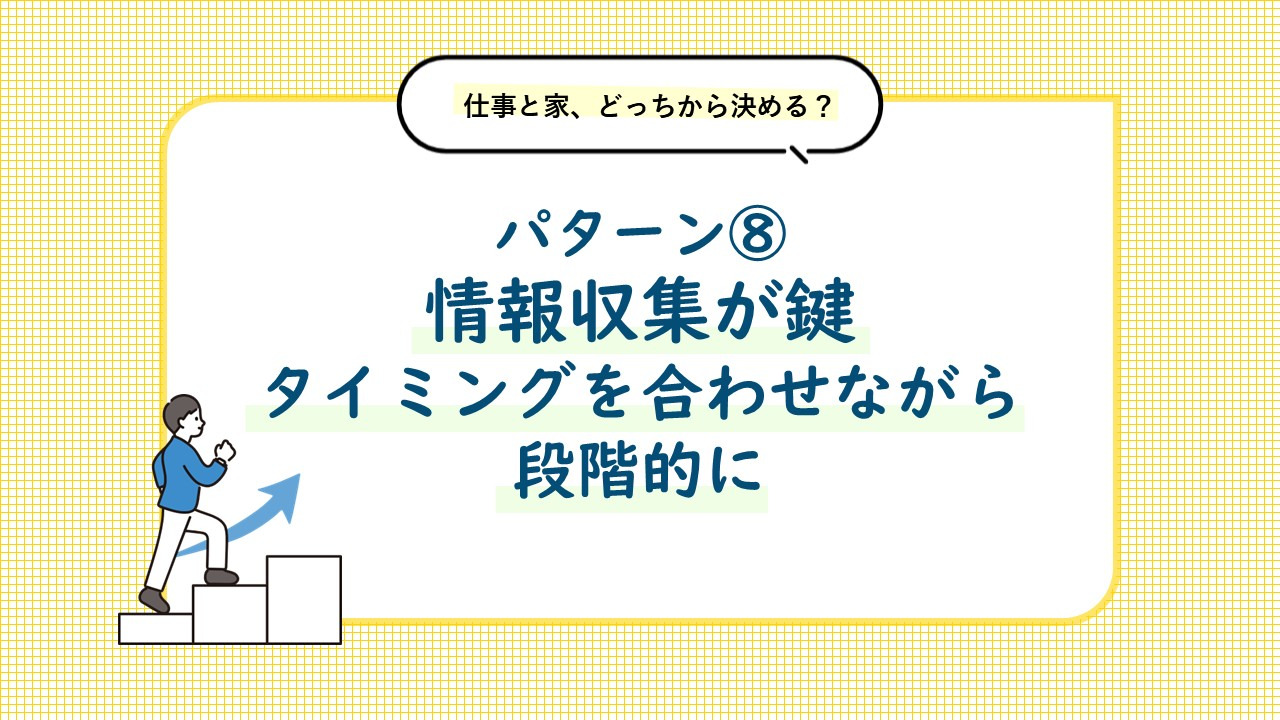 パターン⑧ 情報収集が鍵。住まいと仕事のタイミングを合わせながら進めましょう。理想の暮らしや働き方は、段階的に実現していくこともできます