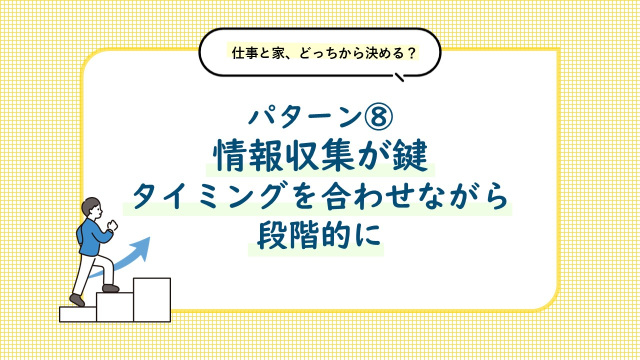 パターン⑧ 情報収集が鍵。住まいと仕事のタイミングを合わせながら進めましょう。理想の暮らしや働き方は、段階的に実現していくこともできます
